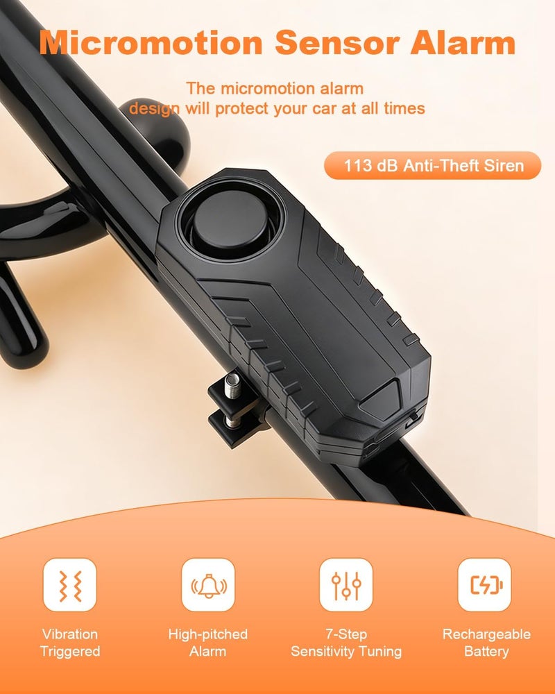 ELECTOP Black Steering Wheel Lock with 113dB Car Alarm Anti-Theft Device Double Hook Car Lock with Adjustable Locking & 2 Keys, Car Alarm System with Motion Sensor for Vehicle Truck Van SUV - Image 2